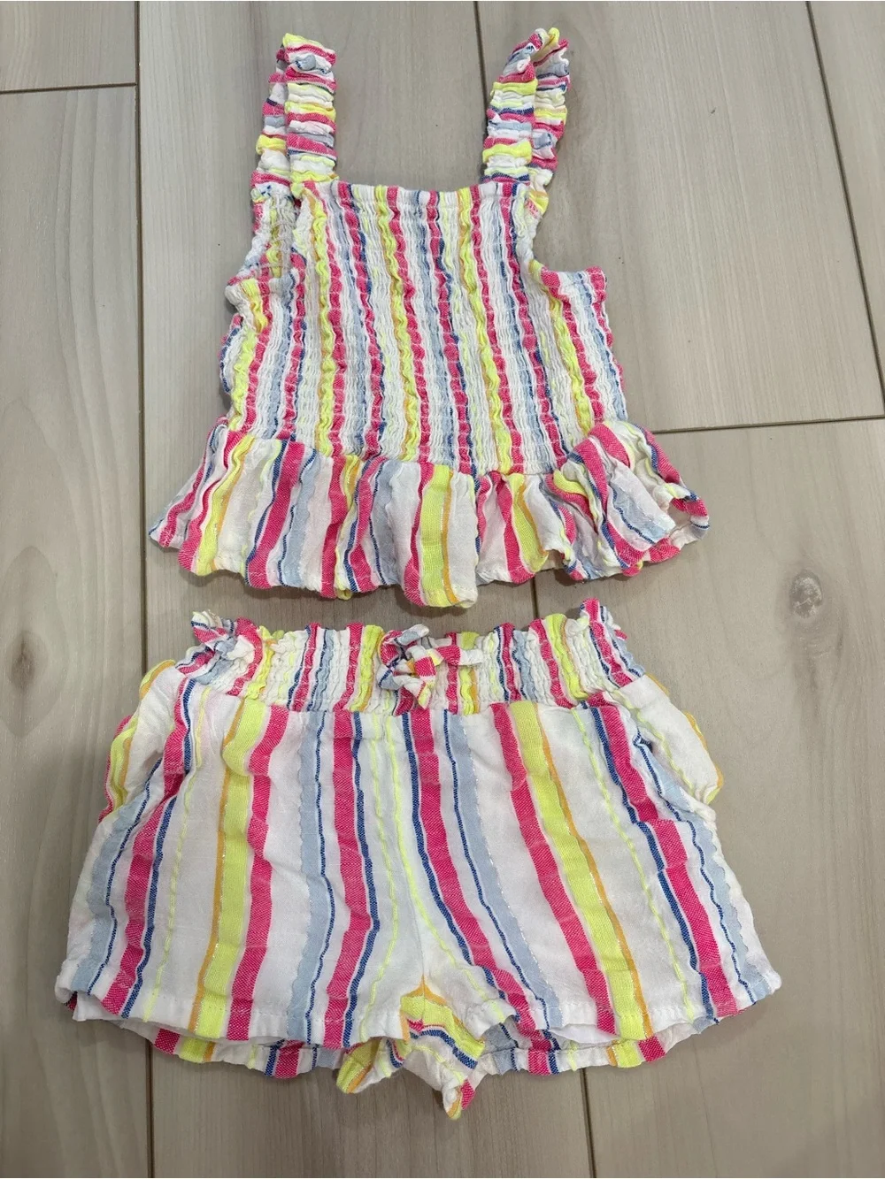 Andy & Evan Pink Yellow Blue Striped Girls Two-Piece Ruffle Set